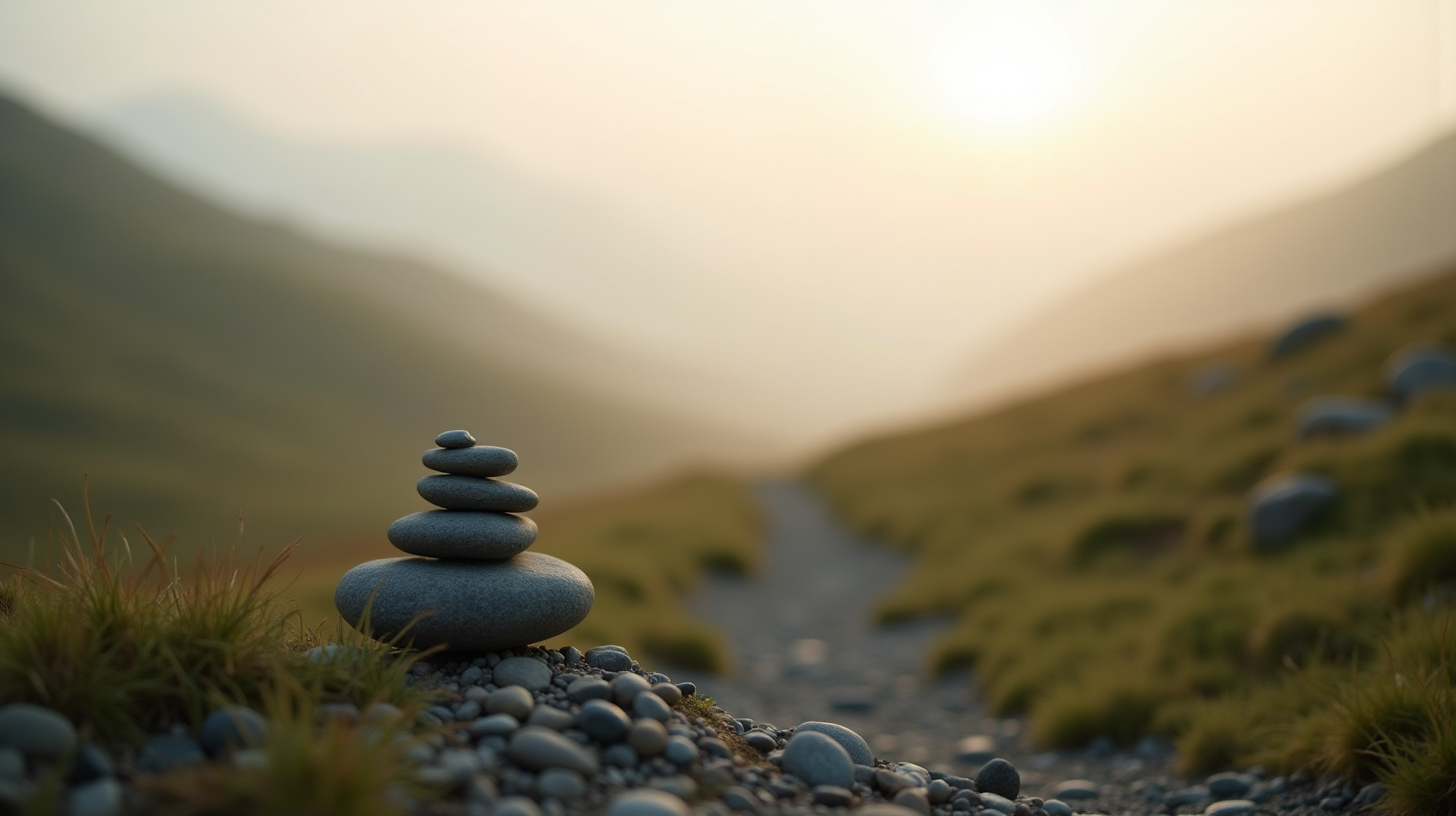 A small stack of stones marking a trail on a misty hillside at dawn